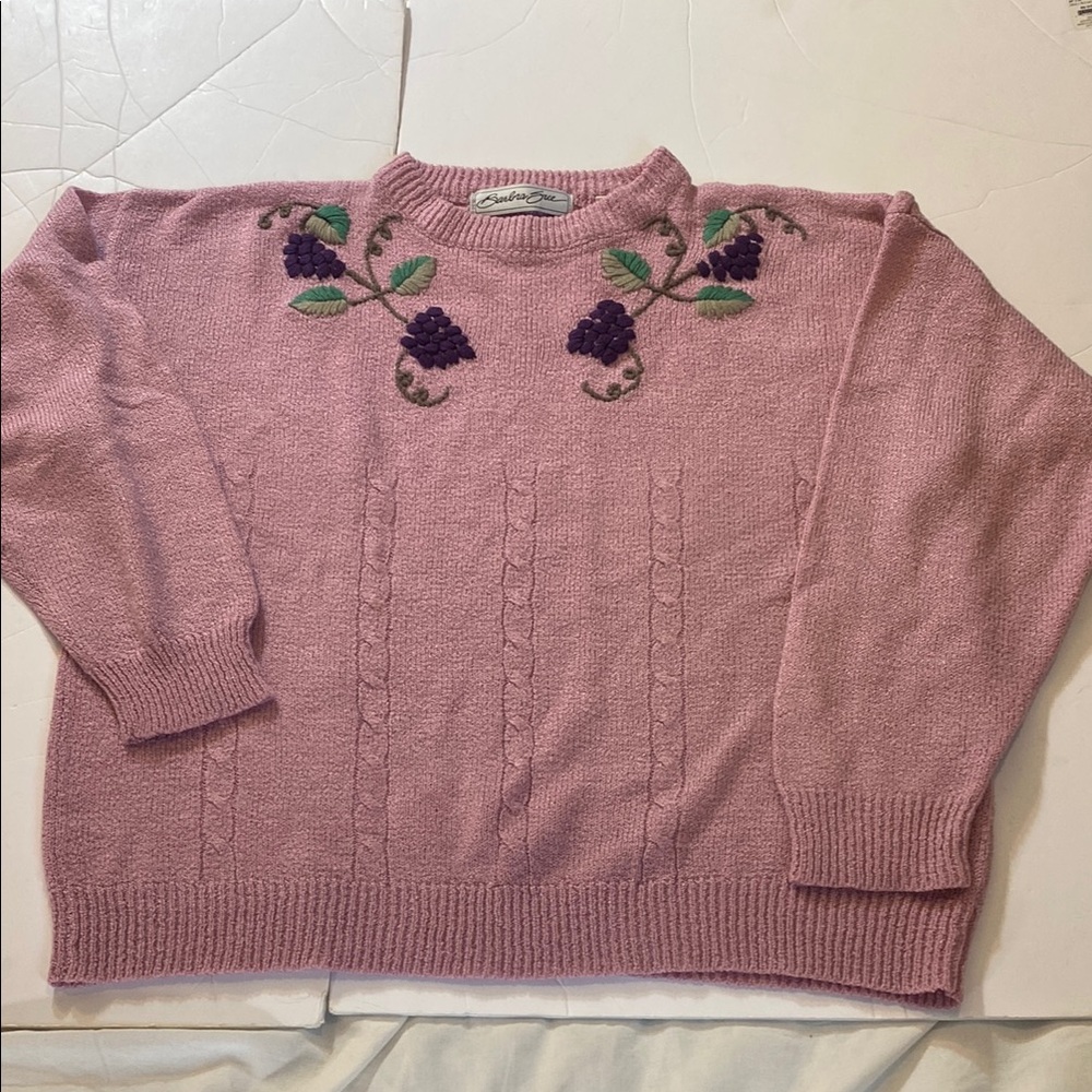 Vintage 1980’s Barbra Sue Pink Sweater with Embroidered Grapevines